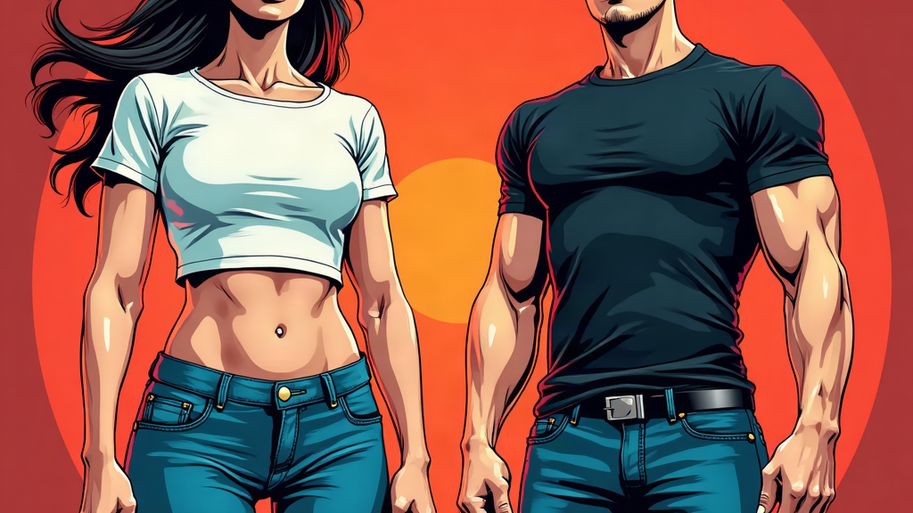 SkinnyJeans AI — a split dual-character before/after illustration